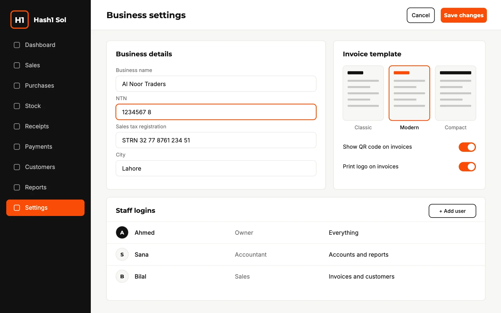 Business settings with invoice template and staff logins